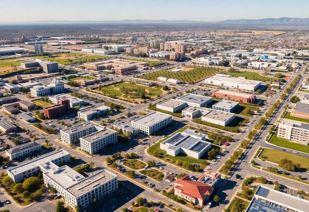 Conceptual image of a planned city in California with parks and residential areas.