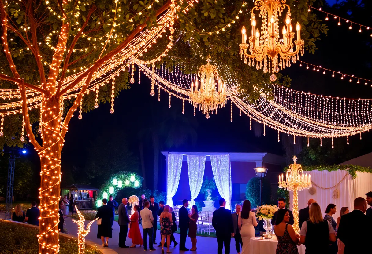 An enchanting garden gala with fairy lights and elegant decorations