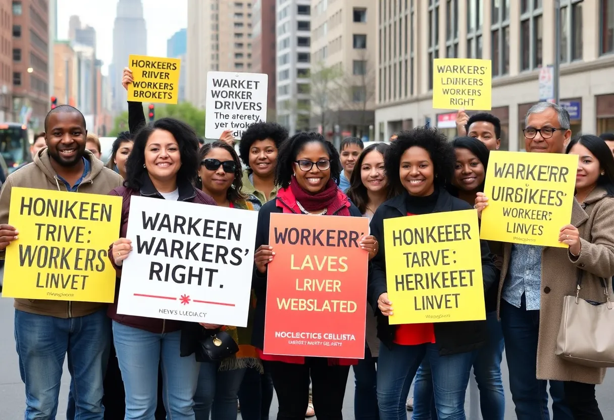 Rideshare drivers celebrating unionization rights