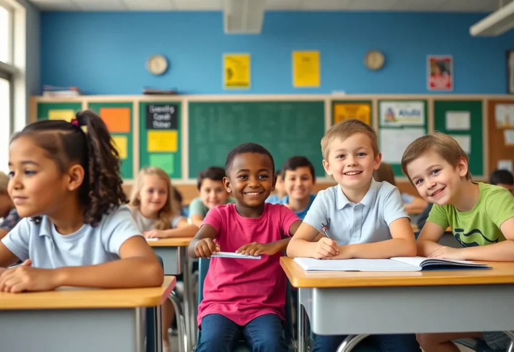 Students of various backgrounds learning together in a classroom.