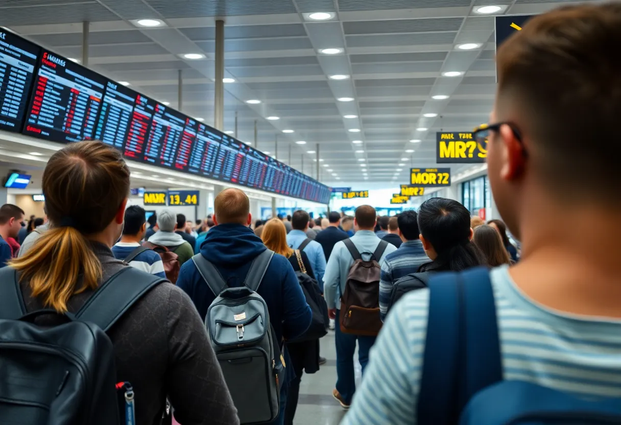 Crowded airport terminal with travelers affected by flight cancellations