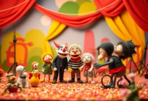 Scene from a stop-motion animation setup with colorful puppets.
