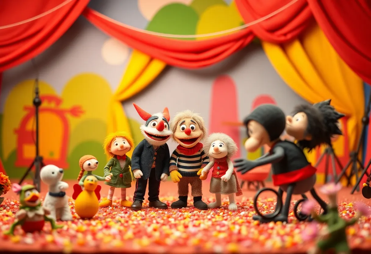 Scene from a stop-motion animation setup with colorful puppets.