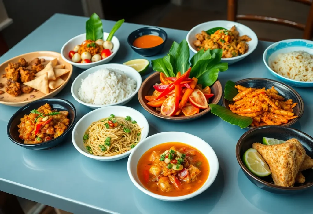 An assortment of Thai dishes including khao soi, mango sticky rice, and fried chicken bathed in rice flour batter.
