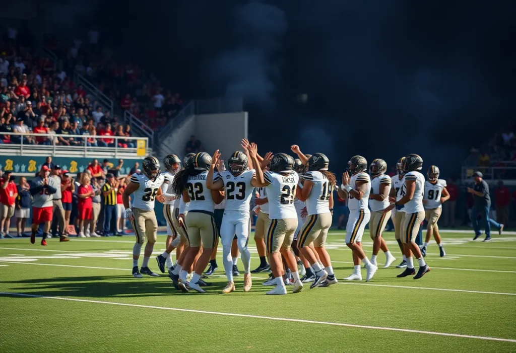 UCLA Bruins football team celebrating a touchdown on the field