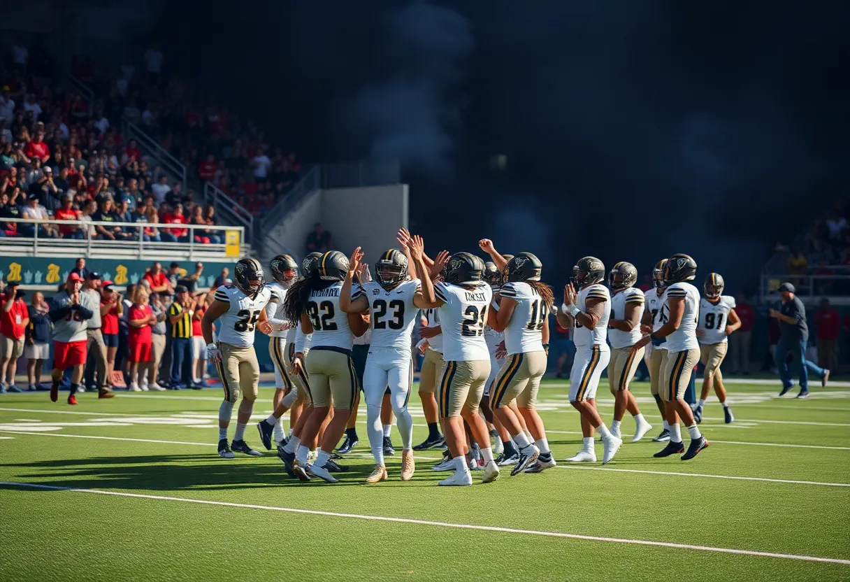 UCLA Bruins football team celebrating a touchdown on the field