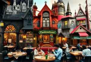 A collage of diverse restaurants in Los Angeles featuring unique themes and diners enjoying their meals.