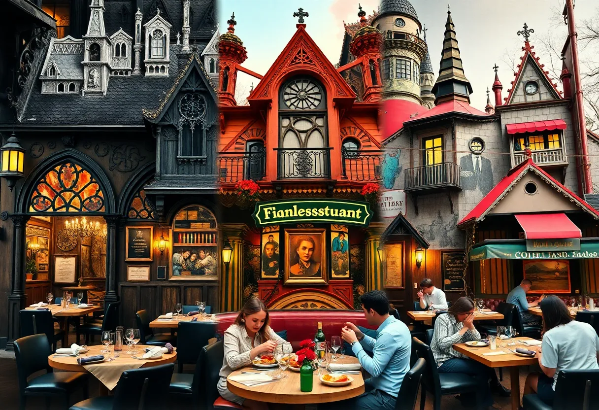 A collage of diverse restaurants in Los Angeles featuring unique themes and diners enjoying their meals.