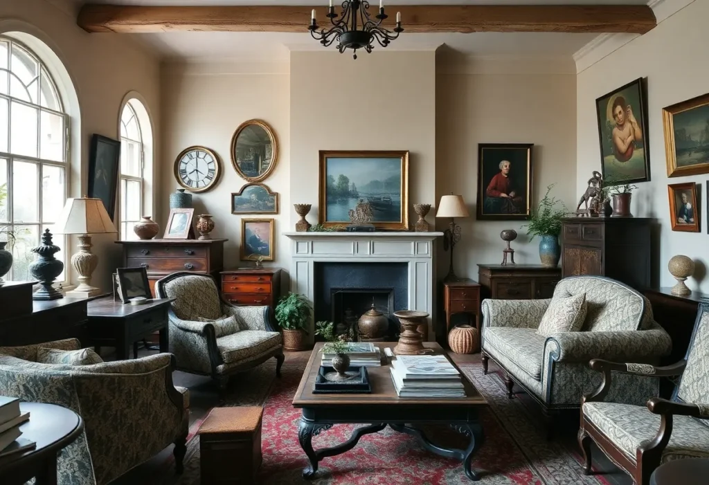 A collection of various antiques in a warm, inviting apartment.
