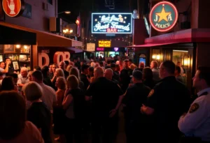 A bustling bar in West Hollywood with patrons and law enforcement officers present.